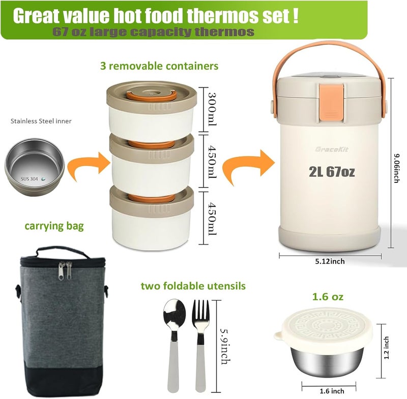 GraceKit 67 oz Audult Hot Food Insulated Food Container,2L 3 Layer Insulated Lunch Box Kit Stainless Steel Vacuum Soup Food Thermo Stackable Hot Food Jar Bento Box for Men, Women-Opaline - Image 2